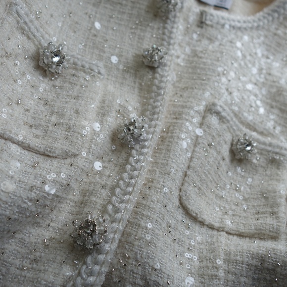 Self-Portrait CREAM SEQUIN BOUCLE TAILORED MINI DRESS - Picture 9 of 10